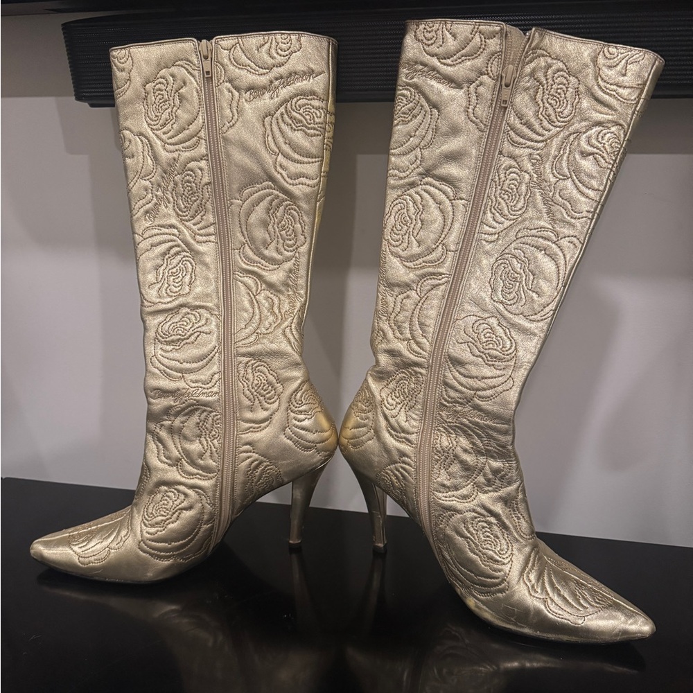 Betsey Johnson Gold Floral Heeled Boots